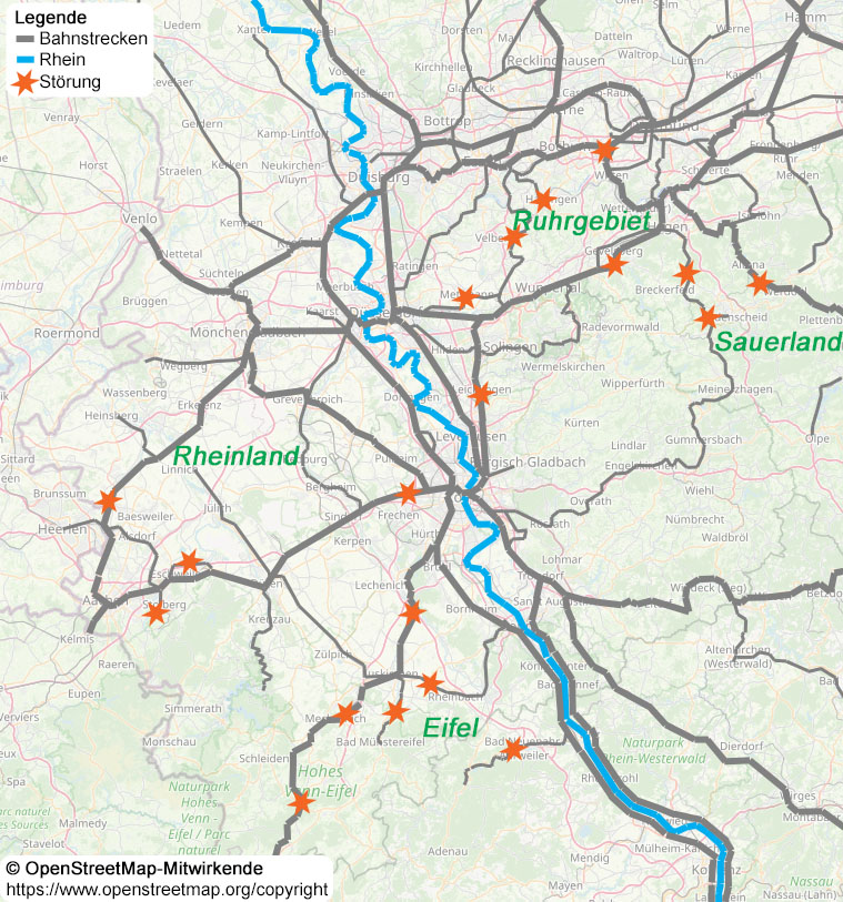 Die Karte auf Basis von OpenStreetMap zeigt die Eisenbahnlinien und Störungen nach dem Unwetter im Juli 2021